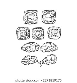conjunto vectorial de ilustraciones de doodle de la mano de sushi
