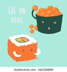 Sushi happy emoji vector illustration, cartoon style. Sushi isolated on background.