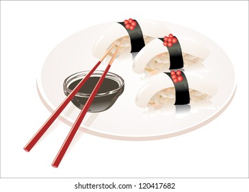sushi hotate with slice of scallop isolated on white background