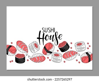 Sushi house border. Fresh sushi set with sushi house lettering isolated on white background. Asian food Vector linear doodle sketch with pink spots illustration For menu, recipe, cafe, restaurant.