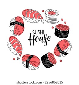 Sushi house. Japan food round frame. Calligraphic lettering and different types sushi around. Asian Sushi. Vector linear doodle sketch with pink spots illustration For menu, cafe, restaurant border.