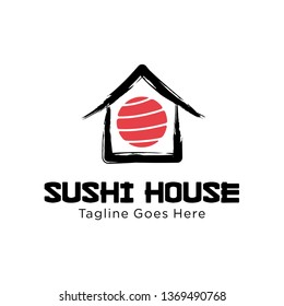 sushi house logo design vector template illustration. consisting of a sushi icon on house. sushi restaurant, sushi bar, sashimi, Japanese food symbol icon