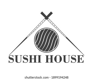 Sushi house logo. Vector illustration with chopsticks and sushi roll. 