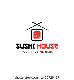 Sushi House Roll Logo Flat Design Illustration Abstract on White Background. Japan Cuisine. Square Shaped Roll, Salmon with Chopsticks for Branding Identity, Banner, Outdoor Advertising, Web, Menu.