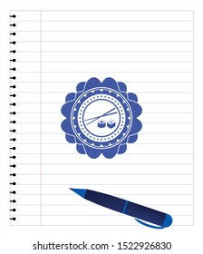 sushi icon emblem with pen effect. Blue ink. Vector Illustration. Detailed.