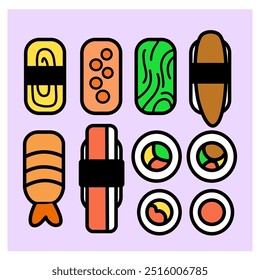 Sushi ícone plano colorido conjunto design para embalagem