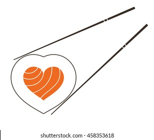 Sushi icon, heart shaped salmon roll between two chopsticks, Japanese food. Sushi bar logo, Japanese restaurant logo, heart symbol of love for sushi. Vector icon