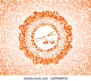 sushi icon inside abstract emblem, orange mosaic background