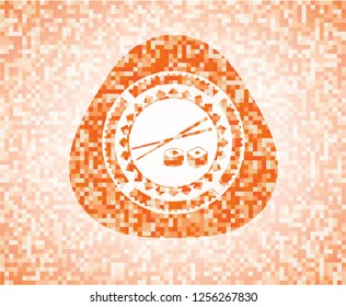 sushi icon inside abstract orange mosaic emblem