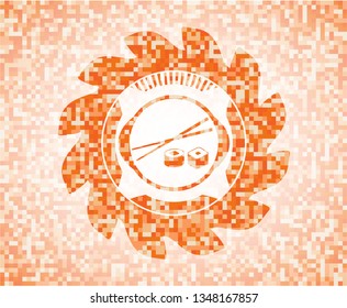 sushi icon inside abstract orange mosaic emblem