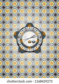 sushi icon inside arabesque badge background. arabic decoration.