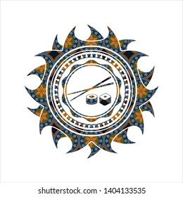 sushi icon inside arabesque badge background. arabic decoration.