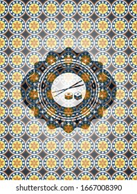 sushi icon inside arabesque badge. arabic decoration.