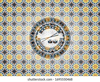 sushi icon inside arabesque badge background. arabic decoration.