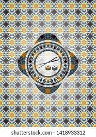 sushi icon inside arabesque emblem background. arabic decoration.