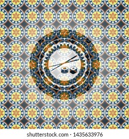 sushi icon inside arabesque emblem. arabic decoration.