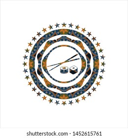 sushi icon inside arabesque emblem background. arabic decoration.
