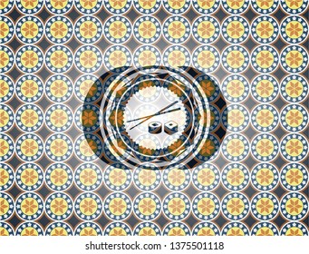 sushi icon inside arabic badge background. Arabesque decoration.