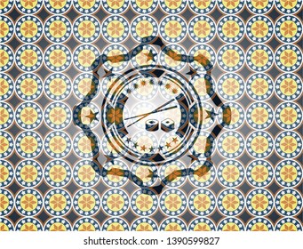 sushi icon inside arabic badge. Arabesque decoration.