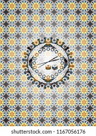 sushi icon inside arabic emblem. Arabesque decoration.