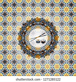 sushi icon inside arabic emblem. Arabesque decoration.