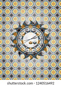 sushi icon inside arabic style emblem. Arabesque decoration.