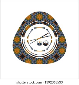 sushi icon inside arabic style emblem. Arabesque decoration.