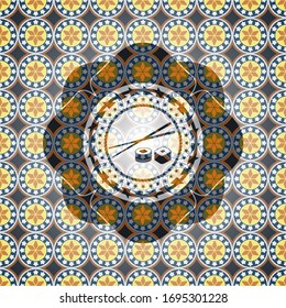 sushi icon inside arabic style badge. Arabesque decoration.