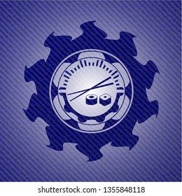 sushi icon inside badge with denim background