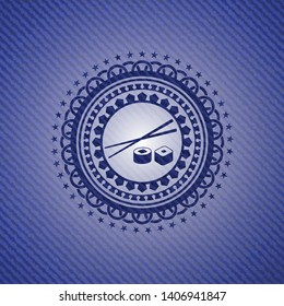 sushi icon inside badge with denim texture