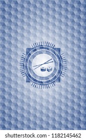 sushi icon inside blue emblem with geometric background.