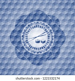 sushi icon inside blue emblem with geometric background.