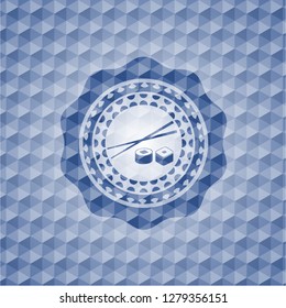 sushi icon inside blue emblem or badge with abstract geometric polygonal pattern background.