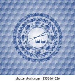 sushi icon inside blue emblem or badge with abstract geometric pattern background.