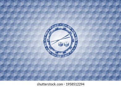 sushi icon inside blue emblem with geometric pattern. 