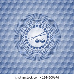 sushi icon inside blue hexagon emblem.