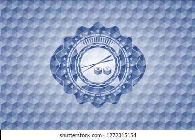 sushi icon inside blue hexagon emblem.