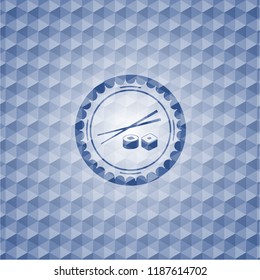 sushi icon inside blue polygonal badge.
