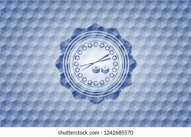 sushi icon inside blue polygonal emblem.