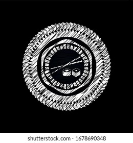 sushi icon inside chalk emblem written on a blackboard
