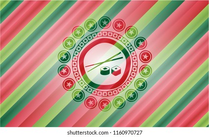 sushi icon inside christmas style emblem.