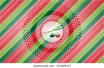 sushi icon inside christmas style emblem.