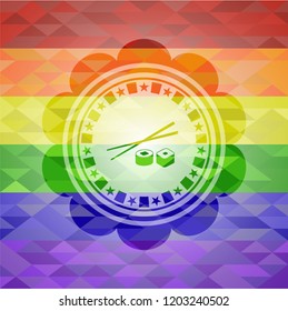 sushi icon inside emblem on mosaic background with the colors of the LGBT flag