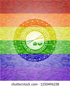 sushi icon inside emblem on mosaic background with the colors of the LGBT flag