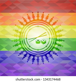 sushi icon inside emblem on mosaic background with the colors of the LGBT flag