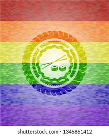sushi icon inside emblem on mosaic background with the colors of the LGBT flag