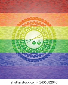 sushi icon inside emblem on mosaic background with the colors of the LGBT flag