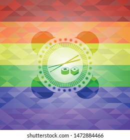 sushi icon inside emblem on mosaic background with the colors of the LGBT flag