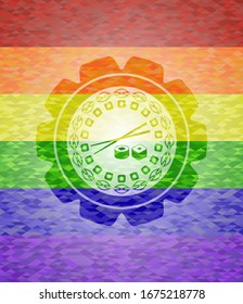 sushi icon inside emblem on mosaic background with the colors of the LGBT flag