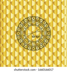 sushi icon inside gold badge or emblem. Scales pattern. Vector Illustration. Detailed.
